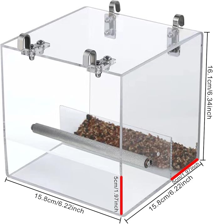 Automatic Bird Feeder for Cage, Automatic Acrylic Bird Feeder No Mess Bird Cage for Small Bird Parrots Canary Parakeet Budgerigar Crested Myna Cockatiel (L: 6.3" x 6.2" x 6.2")