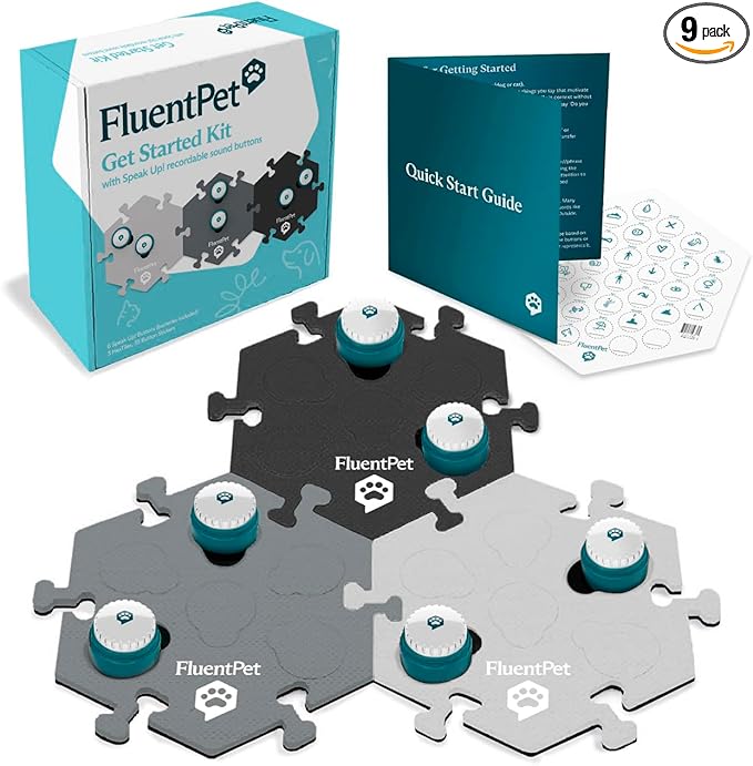FluentPet Speak Up! Get Started Kit with Clearer Upward-Facing Sound - 6 Recordable Buttons for Dogs & 3 Grey HexTiles | Dog & Cat Communication Buttons Set | with Batteries