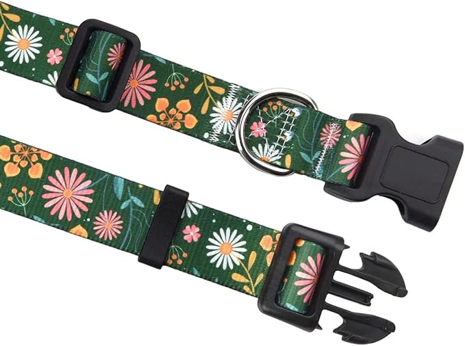 Mihqy Dog Collar and Leash Set with Bohemia Floral Tribal Geometric Patterns - Soft Ethnic Style Collar Adjustable for Small Medium Large Dogs(Dark Green Flower Set,S)
