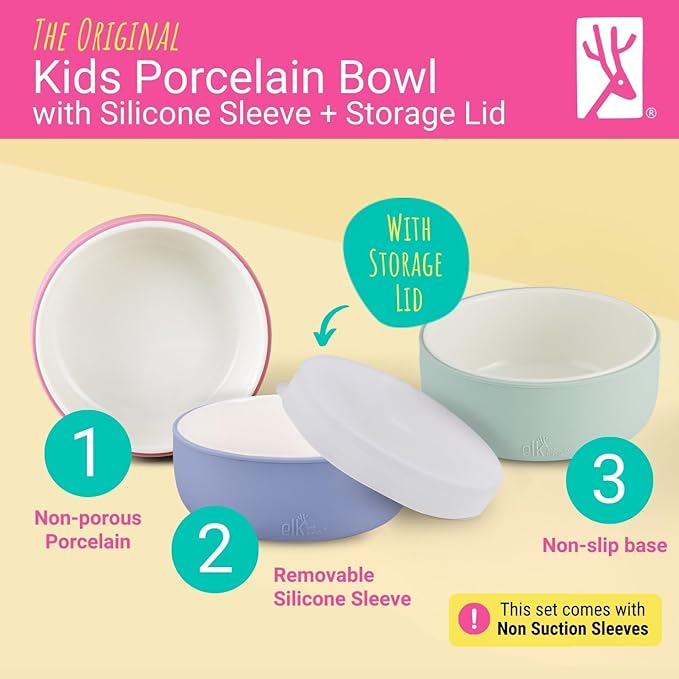 Elk and Friends Kids Porcelain Bowls with Silicone Sleeve + Silicone Lid | Kids/Toddler/Baby Feeding | Microwave & Dishwasher Safe | Non slip | Cereal/Soup/Snack Dishes & Dinnerware