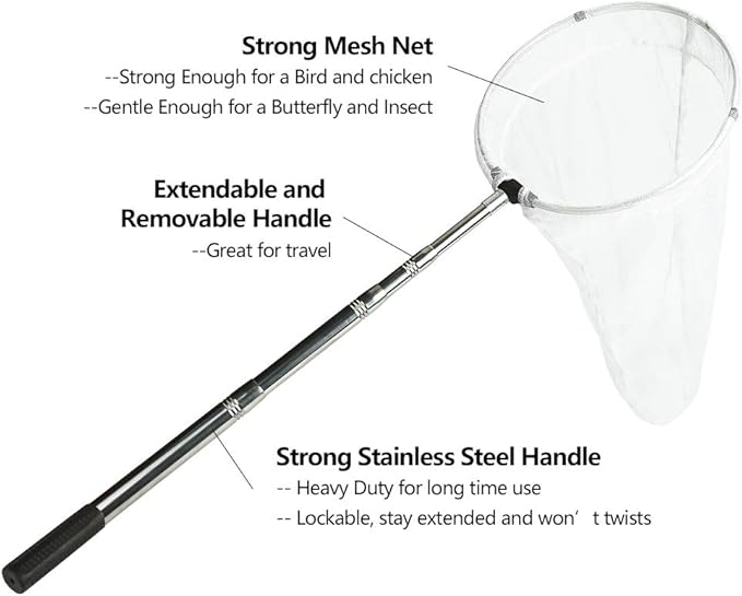 RESTCLOUD Insect and Butterfly Net with 12" Ring, 24" Net Depth, Handle Extends to 59 Inches