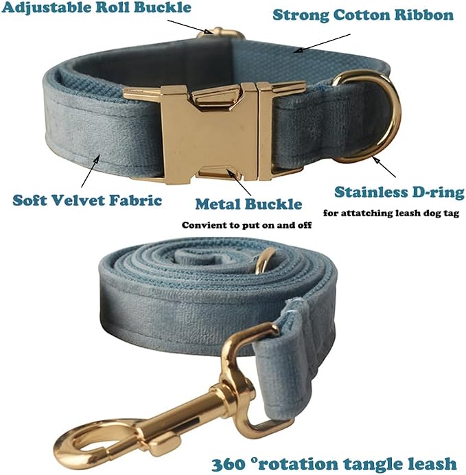 Love Dream Velvet Dog Collar and Leash Set, Soft & Comfy Adjustable Dog Leash and Collar with Heavy Duty Metal Buckle for Small Medium Large Dogs Training & Walking (Medium, Pearl Blue)