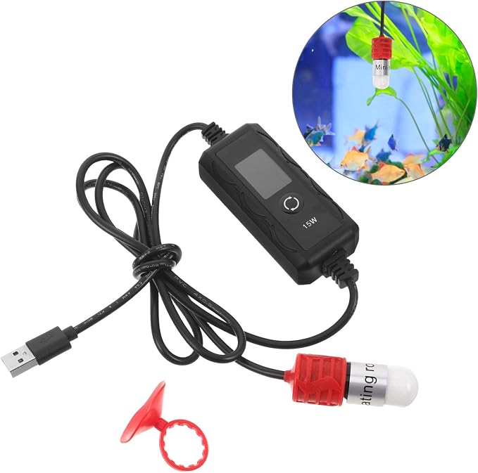 Compact Aquarium Heater 15w USB Mini Fish Tank Heater with Quartz Tube and Dual Temperature Display for Tropical Fish and Turtle in Marine and Planted Tanks to 4l
