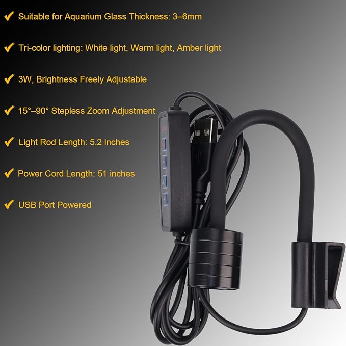 Mini Aquarium Spotlight, Clip-On Gooseneck Lamp, 15°-90° Zoom | Tri-Color White/Warm White/Warm Light, Dimmable 3W USB, 5.2 In Gooseneck, Fits Glass Up To 8mm