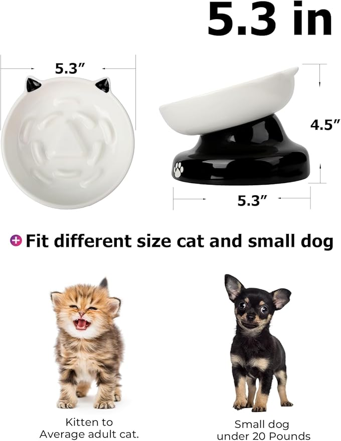 Y YHY Ceramic Cat Slow Feeder, Elevated Dog Food Bowl Tilted Design, Slow Feeder Bowl no Black Chin, Cat Shape for Dry and Wet Food