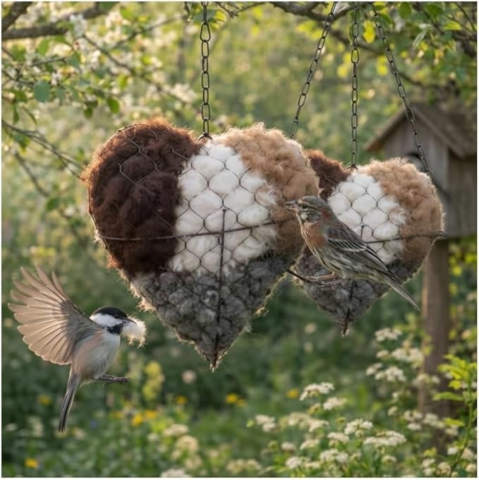 Handmade Fiber Bird Nesting Heart, Refillable Birds Haven 1 Heart Shape Hummingbird Nesting and 2 Bags of Nest Materials, Winter Fowl Gifts Animal Hummingbirds Lovers Home Garden Yard(2Set)