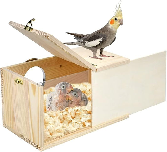 Parakeet Nesting Box Cockatiel Nesting Natural Pine Bird Nest Bird Breeding Box House Acrylic Transparent Bird Box with Detachable Wooden Board for Lovebirds Cockatiel Budgie Conure Parrot L