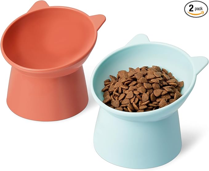 Amazon Basics Raised Cat Feeding Bowls, Cat Ear Shape, Tilted Design, Whisker-Stress Free, 5.2 x 5.2 x 4.5 in, Orange and Blue, 2-Pack
