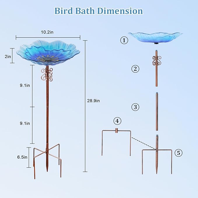 hogardeck 2 in 1 Floral Glass Bird Bath & Feeder - Hanging or Freestanding Outdoor Bird Bath with Sturdy 5-Pronged Base for Garden, Patio, Yard, Lawn Decor