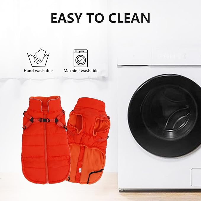 Geyecete Winter Warm Coat Waterproof Dog Winter Jacket with Harness Traction Belt,Windproof Pet Outdoor Jacket Dog Autumn-Orange-XL