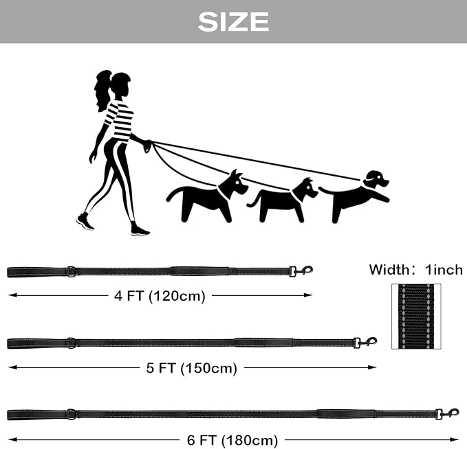 Joytale Dog Leash Heavy Duty for Large Dogs that Pull, Double Handle for Traffic Control, Double-Sided Reflective Leashes for Large Medium Dogs Night Safety, 4FT, Black