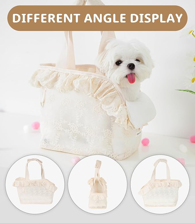 ONECUTE Dog Carrier for Small Dogs Rabbit cat with Lace Design, Cotton Bag, Dog Carrier Soft Sided, Collapsible Travel Puppy Carrier (Beige, 9.4" L x 5.9" W x 9.4" H)