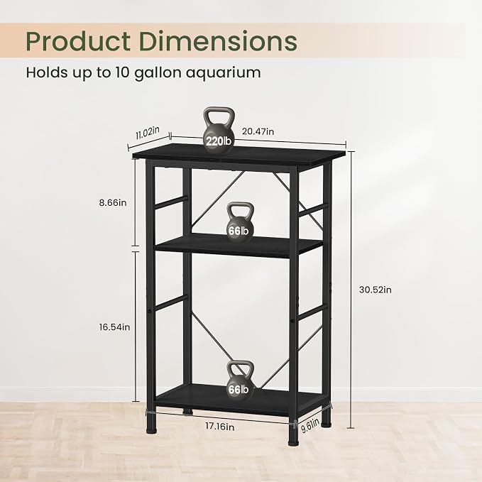 Snughome 5-10 Gallon Aquarium Stand, 3 Tier Fish Tank Stand with Storage, Fish Tank Stand with Metal Frame, Reptile Turtle Tank Stand for Home Office, 20.47" x 11.02" x 30.52", Black