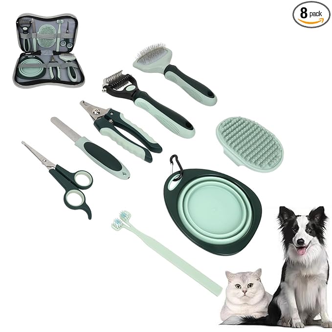 8-in-1 Pet Grooming Kit for Dogs & Cats - Includes Slicker Brush, Nail Clippers, Comb, Scissors, Toothbrush & Collapsible Bowl - Deshedding, Hair Trimming & Care Set, Travel Bag
