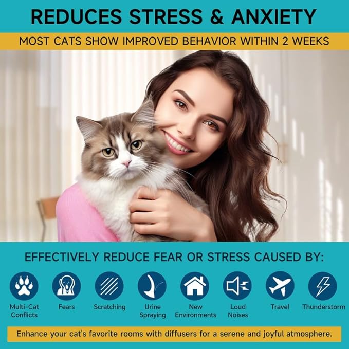 Woyamay Cat Calming Diffuser - Cat Pheromones Calming Diffuser for Cat Anxiety Relief 3-in-1 Cat Pheromone Diffuser Kit with 1 Diffuser + 2 Refill 48ml Vial - 60 Days Pheromone Diffuser to Calm Cats