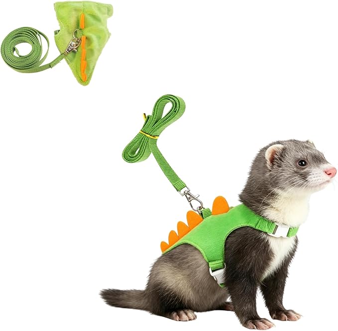 Ferret Harness and Leash Set Cute Dinosaur Design Soft Mesh Small Pet Harness Vest with Safe Bell Walking Clothes for Small Animals Ferret Rabbit Guinea Pig Squirrels (Green)