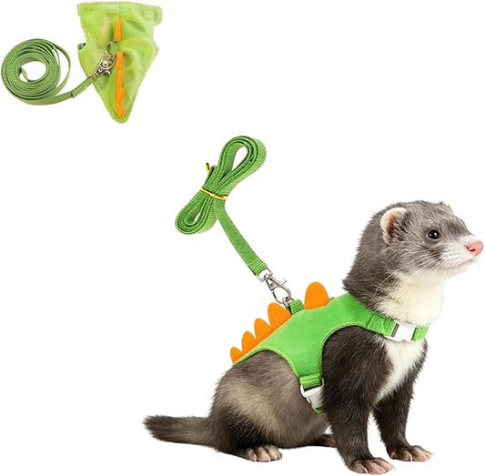 Ferret Harness and Leash Set Cute Dinosaur Design Soft Mesh Small Pet Harness Vest with Safe Bell Walking Clothes for Small Animals Ferret Rabbit Guinea Pig Squirrels (Green)