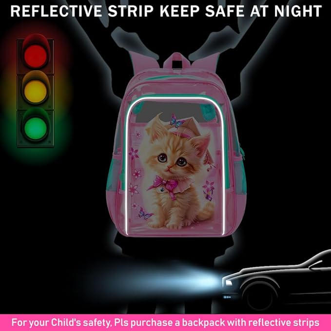 AGSDON 3PCS Clear Backpack for Girls,16" Transparent Bookbag Heavy Duty, Cute See Through Backpacks with Lunch Bag - Pink Cat