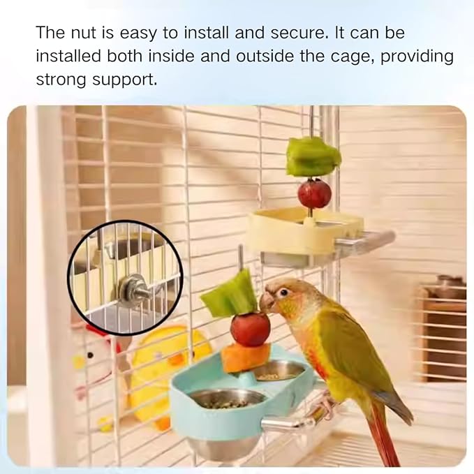 Bird Feeder Birds Bowls Stainless Steel Dishes Coop Cups with Fruit Skewer, Parrot Feeding Dish Cups Food Water Bowls with Bird Food Holder for Budgies Lovebirds (Blue,Oval)