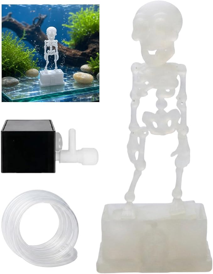 Dancing Skeleton Aquarium Bubbler, Halloween Fish Tank Decor(Clear) | Adjustable airflow with 1m hose & valve. Safe resin, for freshwater/saltwater tanks. Air pump not included.