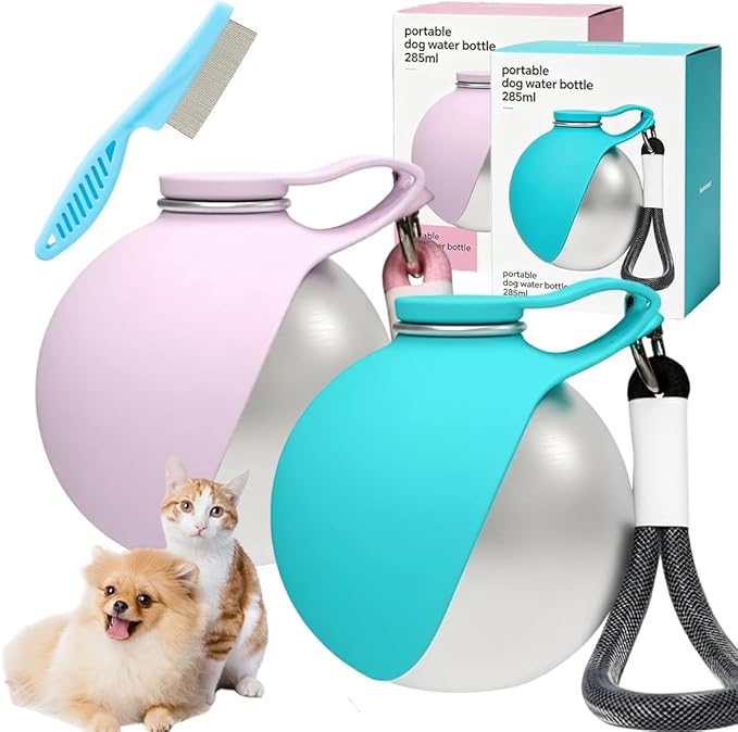 2 in 1 Portable Tumbler for Dogs, 2026 New Dog Water Bottle Portable with Foldable Bowl, 285ml Stainless Steel Pet Water Bottle, Ideal for Walking, Hiking & Travels (Blue+Pink)