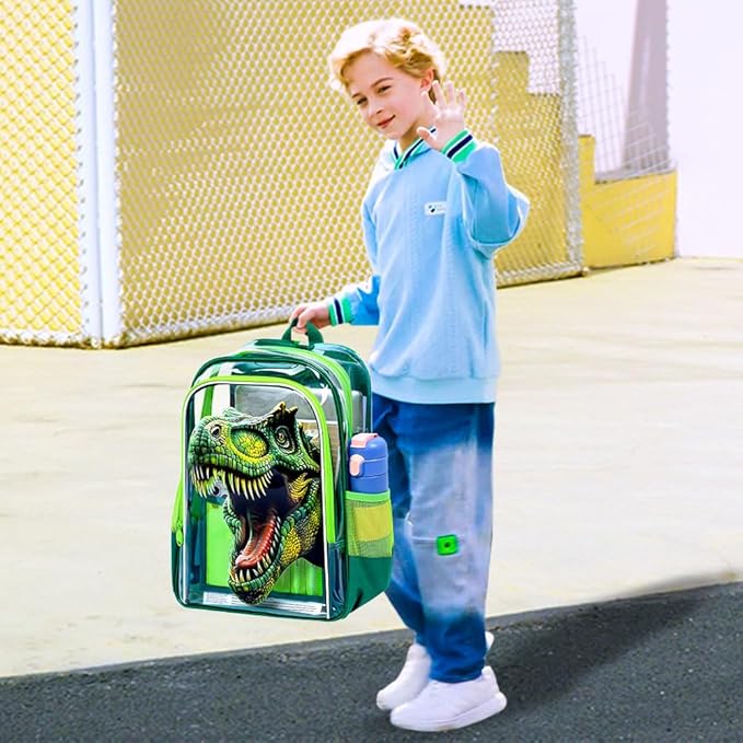 16" Dinosaur Clear Backpack for Boys - 3Pcs School Stadium Approved Transparent Set, Campus See Through Bookbag with Lunch Box (Green)