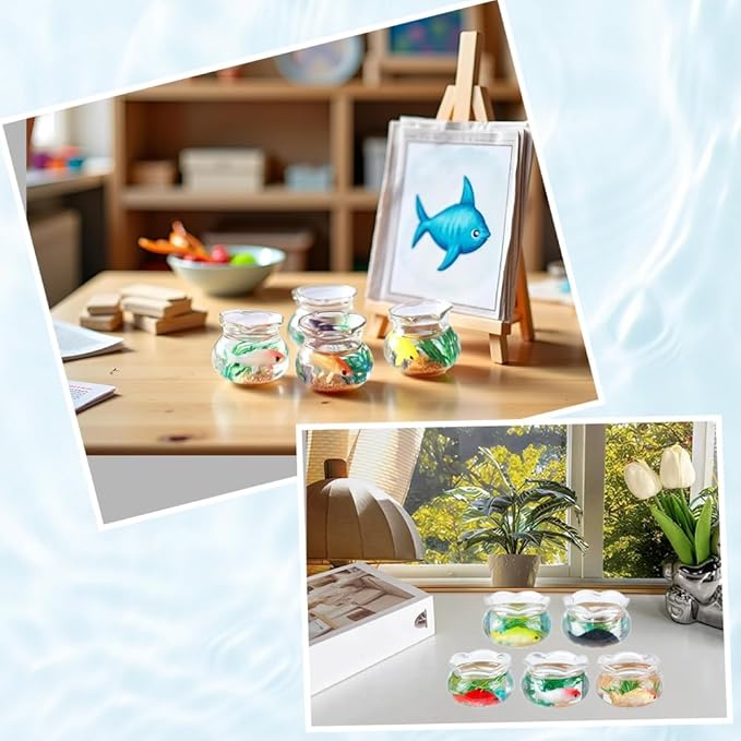 SUNNYCLUE 5Pcs 5 Styles Miniature Fish Tank Dollhouse Fish Bowl Plastic Simulated Round Goldfishes Grass Bowls Tanks Mini Display Decorations Accessories for Desktops Garden Scene Decors DIY Crafts