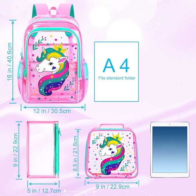 AGSDON 3PCS Clear Backpack for Girls, Kids Unicorn Transparent Backpack with Heavy Duty PVC, See Through Backpacks with Lunch Bag- Pink Unicorn