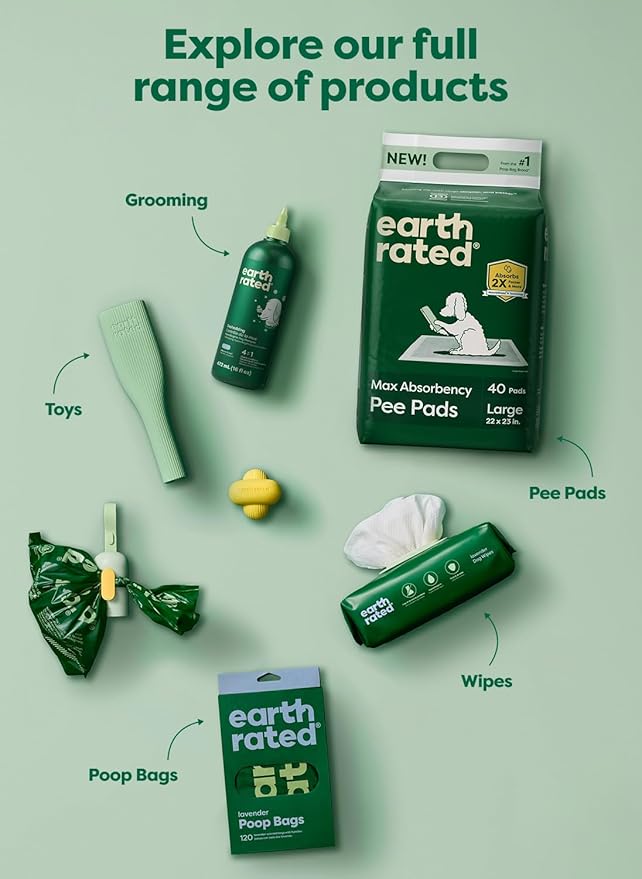 Earth Rated Puppy Pads, Max Absorbency Pee Pads for Dogs, Absorbs 2X Faster & 2X More, Leak Prevention, Potty Training, Fragrance-Free, Unscented, Regular [L], 22” x 23”, 40 Count