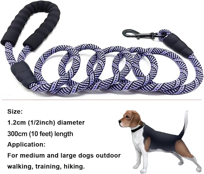 MayPaw Heavy Duty Rope Dog Leash, 6/8/10 FT Nylon Pet Leash, Soft Padded Handle Thick Lead Leashes for Large Medium Dogs (Purple Black, 1/2" * 10')