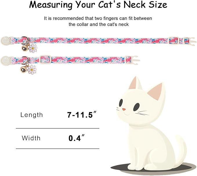2 Pack Floral Cat Collars - Spring Summer Wildflower Breakaway Safety Cat Collars, Adjustable Soft Boy Girl Kitten Collar for Small Dogs Puppy, Cute Pet Collar with Bell & Pendant