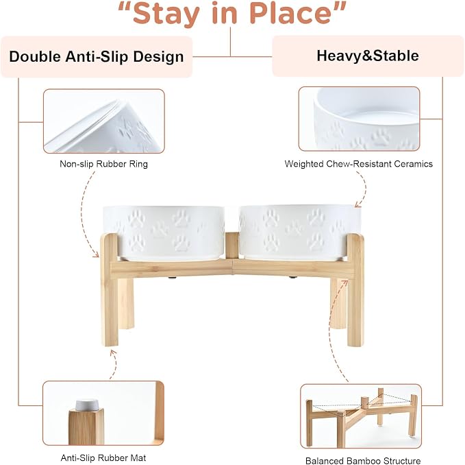 SPUNKYJUNKY Elevated Dog Bowls Ceramic, 7.3'' Dogs Food Water Bowls Raised with Non-Slip Bamboo Stand for Medium to Large Sized Breed Microwave Dishwasher Safe - 42 OZ,Paw White