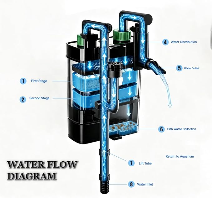 Hang on Back Aquarium Filter with Surface Skimmer, Backwash function | 2-Stage Filtration Fish Tank Filter|Power Filter for 8-10 Gallon|Waste Sump Chamber|Advanced Aquarists & Beginners