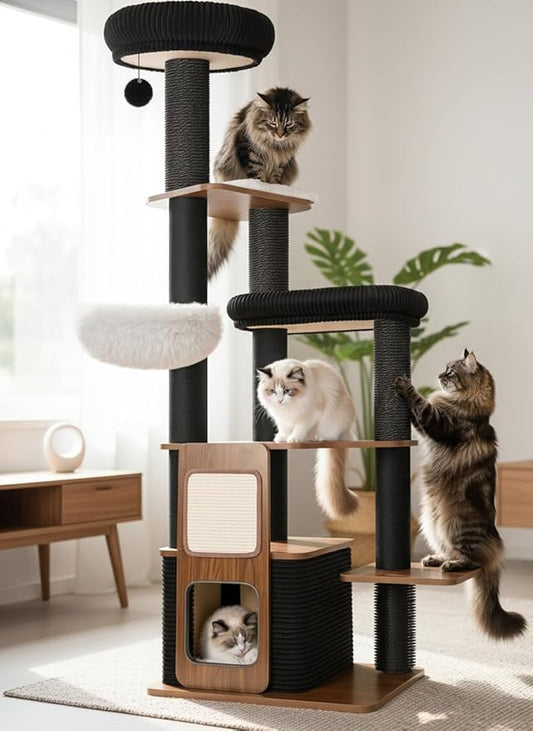 63" Modern Cat Tree Tower for Indoor Cats, Heavy Duty Cat Trees for Large Cat, Adult Maine Coon Cat Tree Tower with Scratching Post, Extra Large Top Perch, Cat Condos (Black)
