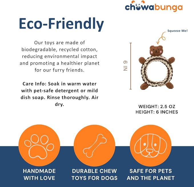 Soft Squeaky Dog Toys for Small Dogs - 6 Inch Handmade Eco Cotton Rope Squeaky Plush Dog Toys Natural, Non-Toxic Dyes - Squeaky Puppy Teething Toys Small Dog Squeaky Toys for Dogs - Jasper