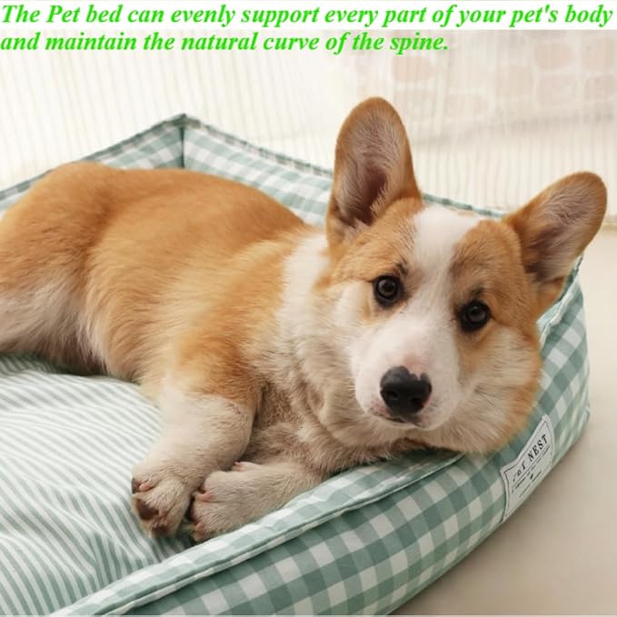 Orthopedic Rectangle Dog Bed for Medium Small Dogs, Plaid Plush Modern Puppy Sofa Bed with Anti-Slip Bottom, Cute Calming Pet Bed(Khaki,Large)
