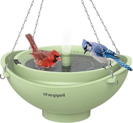 Sheggell Smart Bird Bath, 2L Large Capacity with Water Circulating Filtration, Solar Bird Bath with 3 Fountain Modes, Hanging & Freestanding Design, IPX6 Waterproof, Birdbath for Yard（Light Green）