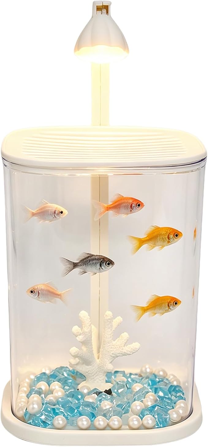 Desktop Small Fish Tank with LED Light for Betta Guppy Goldfish | Clear Acrylic Aquarium Kit with Artificial Coral, Pearls & Diamond Decor, Starter Kit Small Space Easy Setup Space-Saving