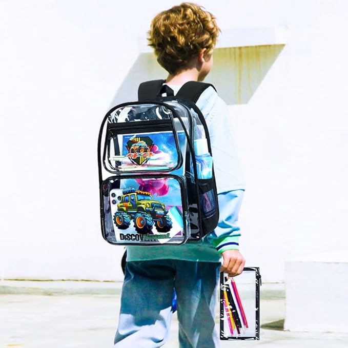 AGSDON 3PCS Clear Backpack for Boys,16" Truck Transparent Bookbag Heavy Duty, Cute See Through Backpacks with Lunch Bag