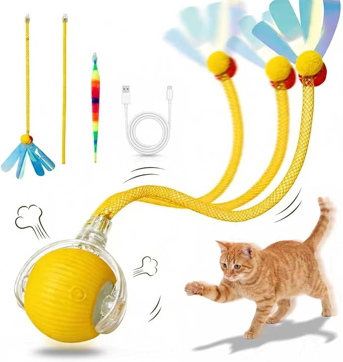 Rechargeable Smart Rolling Cat Ball, Automatic Interactive Cat Toy with 3 Modes, LED Light & 3 Replaceable Accessories, Indoor Cat Exercise Toy for Kittens & Adult Cats, for Boredom Relief Yellow