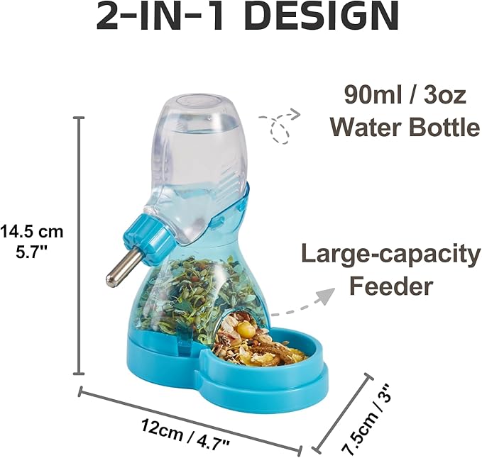 2 in 1 Hamster Water Bottle No Drip with Large Capacity Automatic Food Dispenser Small Animal Feeder for Syrian Dwarf Hamster Mouse Rat Degu (Blue, 3oz)