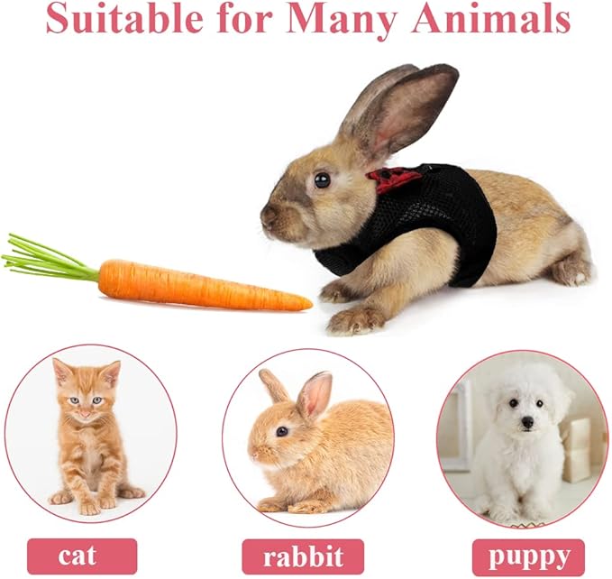 ASOCEA Adjustable Bunny Harness and Leash Breathable Mesh Vest Harness for Rabbits Walking Soft Pet Harness Vest Cloth Lead for Small Animals Rabbits Ferret Kitten Black M