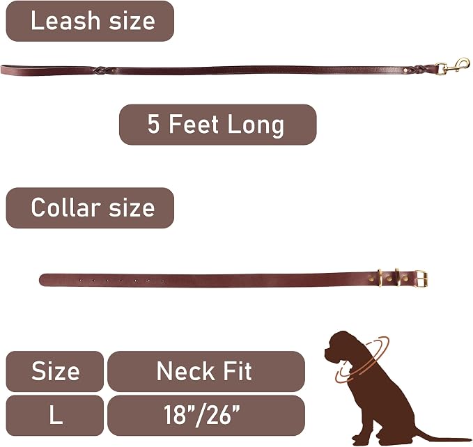 Heavy Duty Genuine Leather Dog Collar and Leash Set - 5ft Soft and Durable With Metal Buckle - Adjustable, Compatible for Large Dogs