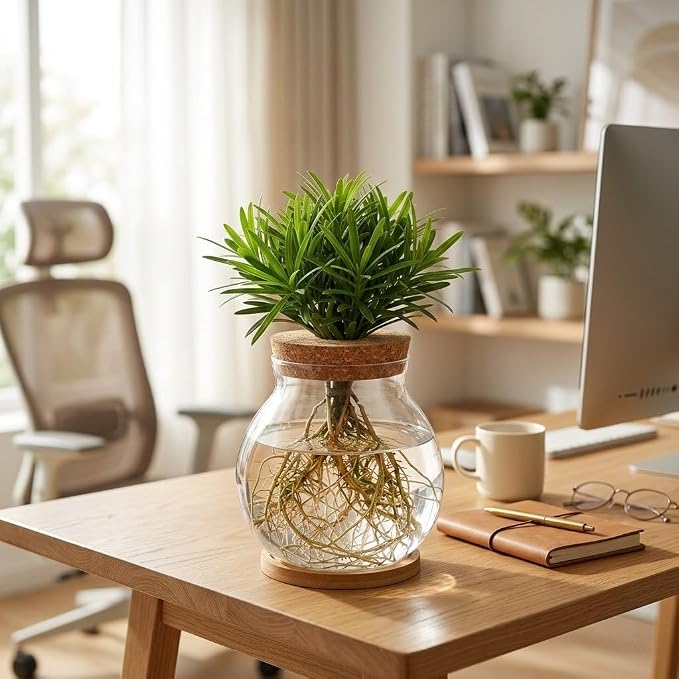 Homoyoyo Desktop Glass Fish Bowl with Wood Lid, Glass Plant Propagation Station Vase Betta Fish Tank, Small Round Hydroponic Terrarium Bottle for Water Plants Moss Desktop Decor Transparent 4. 3in