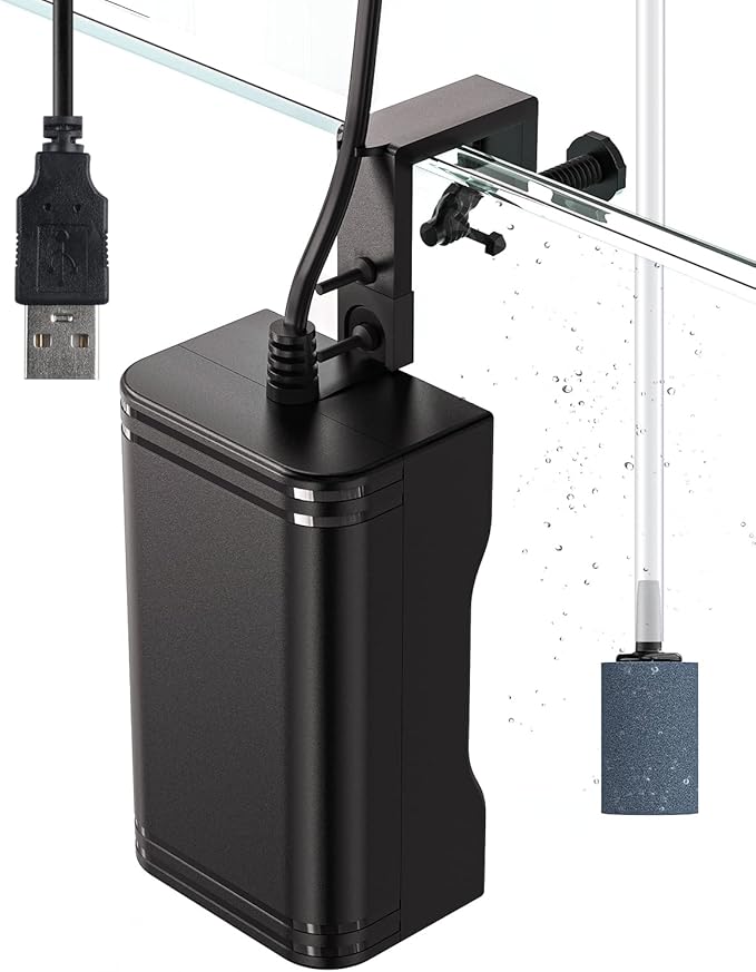 Pawfly 15 GPH Aquarium USB Air Pump Mini Quiet Oxygen Aerator Pump with Bracket Airline Tubing Air Stone Control Valve and Check Valve Accessories for 3-20 Gallon Nano Fish Tanks and Buckets