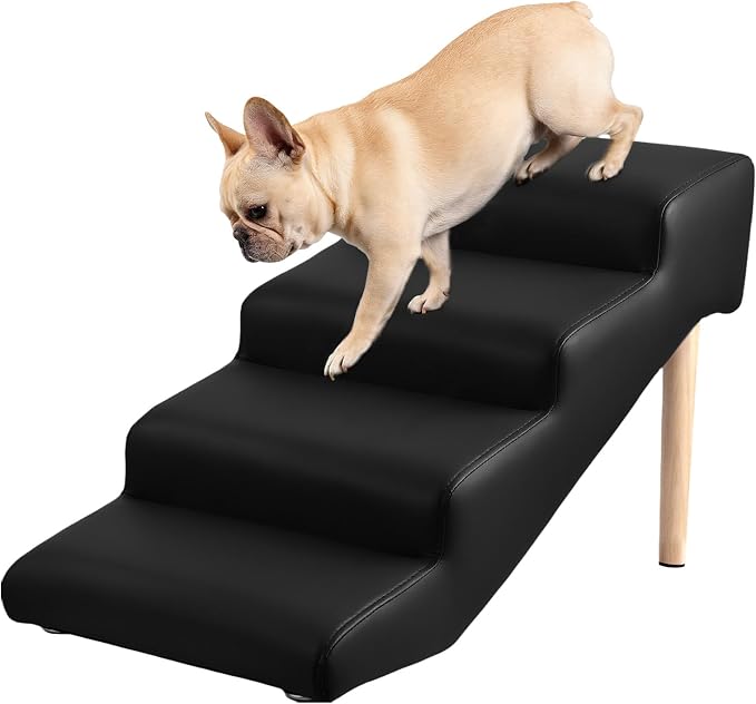 4-Step 18" H Dog Stairs for Bed Couch, Waterproof & Scratch PU Leather Pet Steps for Small Senior Dogs and Cats, Dog Ramp with 220 lbs Maximum, Oak Leg & Solid Wood, Non-Slip Feet, Black