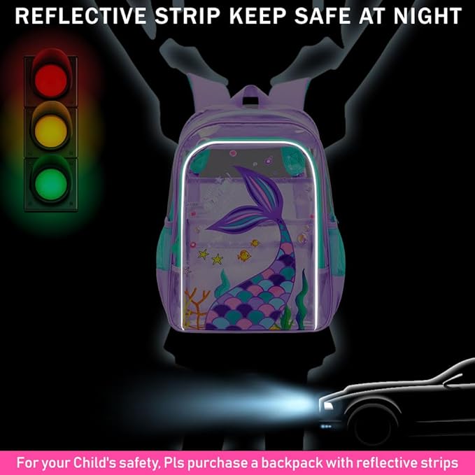 AGSDON 3PCS Mermaid Clear Backpack for Girls, 16" Transparent Bookbag Heavy Duty, Cute See Through Backpacks with Lunch Bag - Purple Mermaid