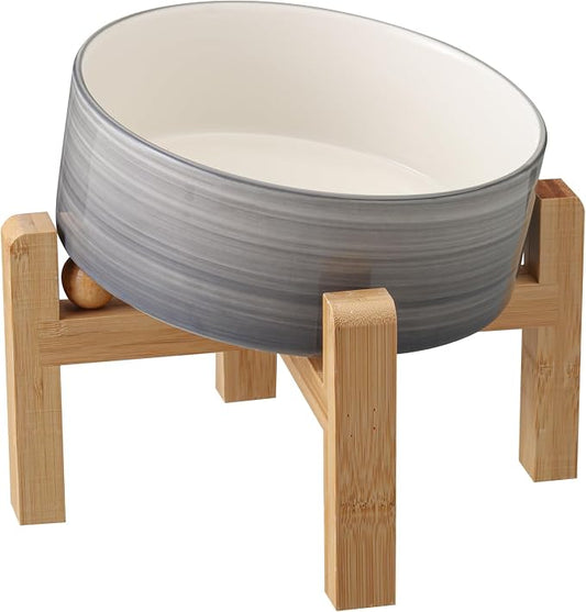 Elevated/Raised 15°Tilted Anti Slip Ceramic Dog Bowl for Small/Medium Breeds,Slanted Bulldog Big Face Pet Food Water Feeding Dish with Stand for Cats and Dogs (3.6 Cups/28 OZ) Grey White