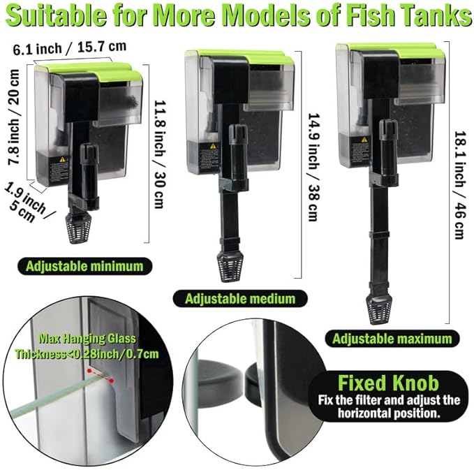 MALLMALL6 Aquarium Filter with U-V Light, Quiet Activated Carbon Biochemical Hang On Back Fish Tank Water Filtration with 2 Adjustable Extension Hose for 10-20 Gallon, 119 GPH 5W Power Oxygen Pump