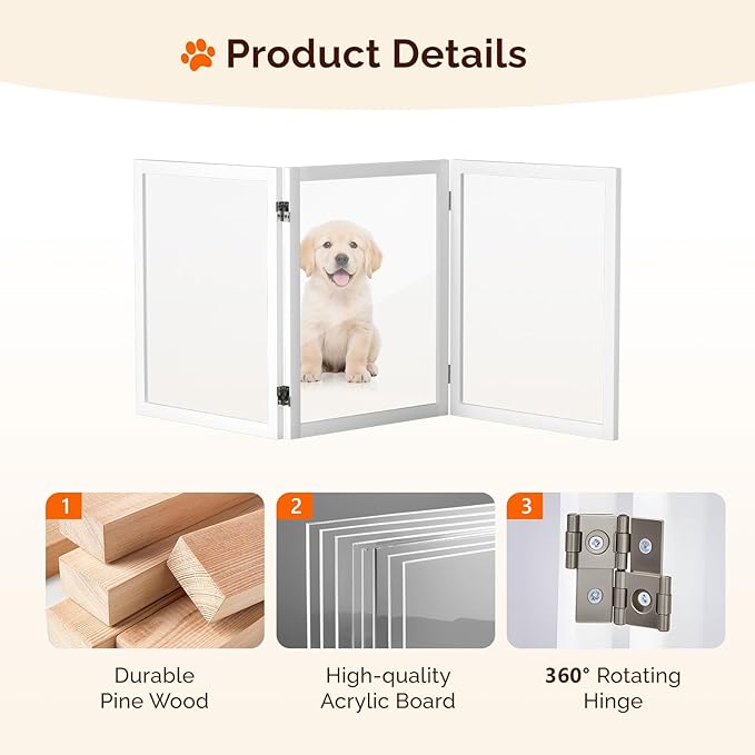 VINGLI Clear Acrylic Freestanding Dog Gate, Transparent Pet Fence with Solid Hardwood and Plastic Board, Pet Gates for Christmas Tree Stairs and Doorways (3 Panels)